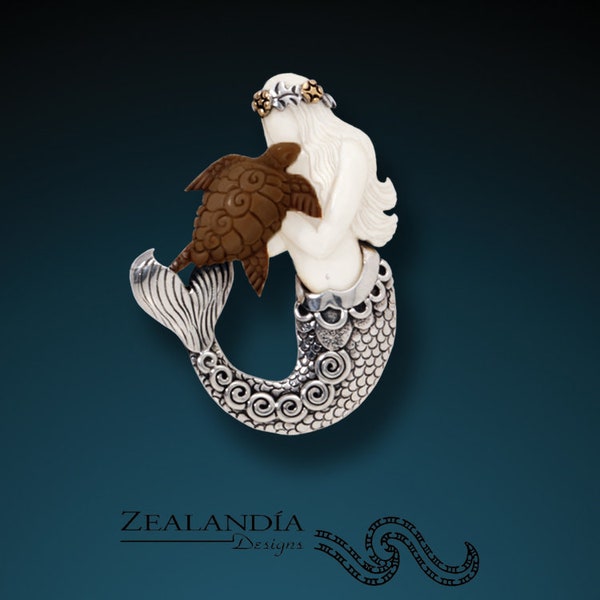Mermaid and Turtle Pendant - Hand Carved Indonesian Cow Bone Mermaid Pin/Pendant