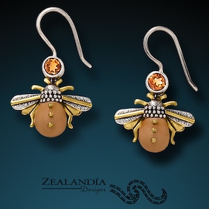 Honey Bee Earrings: Sterling Silver, Carved Tagua Nut, Citrine and 14kt Gold Fill