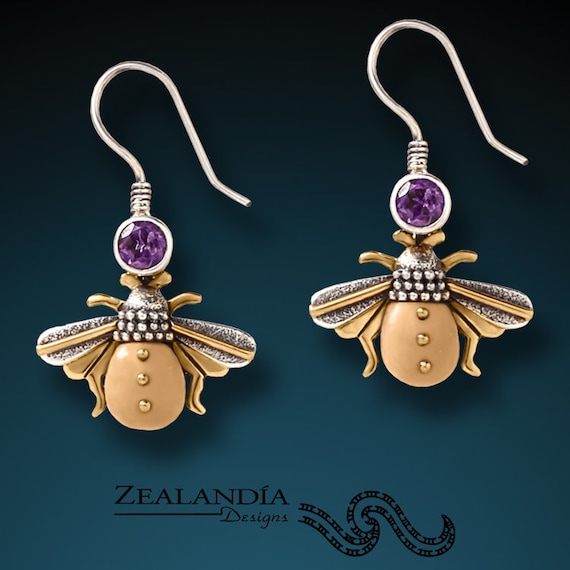 Sterling Silver Tribal Chic Sustainable Jewelry Om Earrings ~ Carved Tagua Nut Amethyst Cabochon
