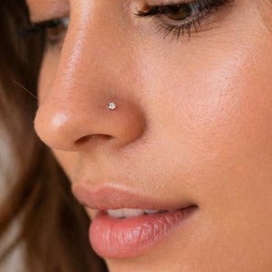 May include: A close-up of a person's face, with a small, sparkling nose stud. The stud is a tiny, round, clear gem. The person has light skin and brown hair. The background is blurred, focusing attention on the jewelry.