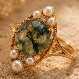 May include: A gold ring featuring a central round moss agate stone with green dendritic inclusions, surrounded by small white pearls and tiny clear accent stones in a marquise-shaped setting. The text LUCKYJEWUS DAILY ELEGANCE is visible.