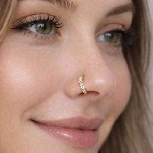 Tiny Gold Nose Ring Hoop with CZ Diamond, Dainty Sterling Silver Nose Hoop, Small Nose Ring 20G, Hinged Clicker Nose Ring, 5mm 6mm 7mm 8mm