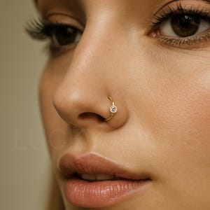 Small Gold Nose Hoop, Thin Gold Nose Ring, Dainty Diamond Nose Ring Hoop - 20G/ 22G 6mm/7mm/8mm 14K Gold Plated on 925 Sterling Silver