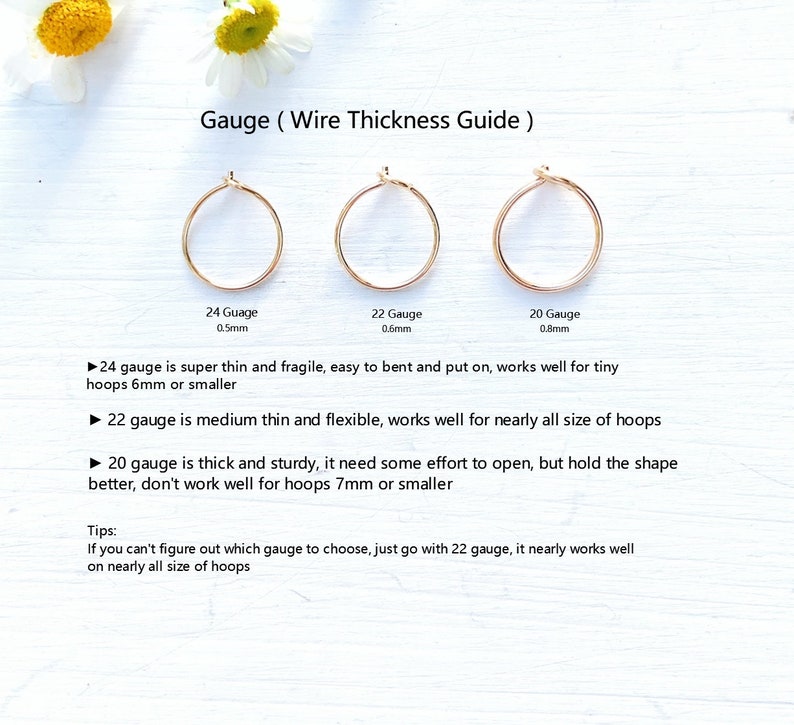 May include: Three gold hoop earrings of different sizes, labeled with their gauge and thickness in millimeters. The caption reads "Gauge (Wire Thickness Guide)".  The text below the images describes the characteristics of each gauge, including their flexibility and suitability for different hoop sizes.