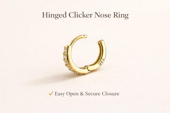 Hinged Clicker Nose Ring with CZ, 925 Sterling Silver Nose Hoop, Tiny Gold Nose Ring, 20G Clicker Nose Ring, Small Nose Piercing Jewelry