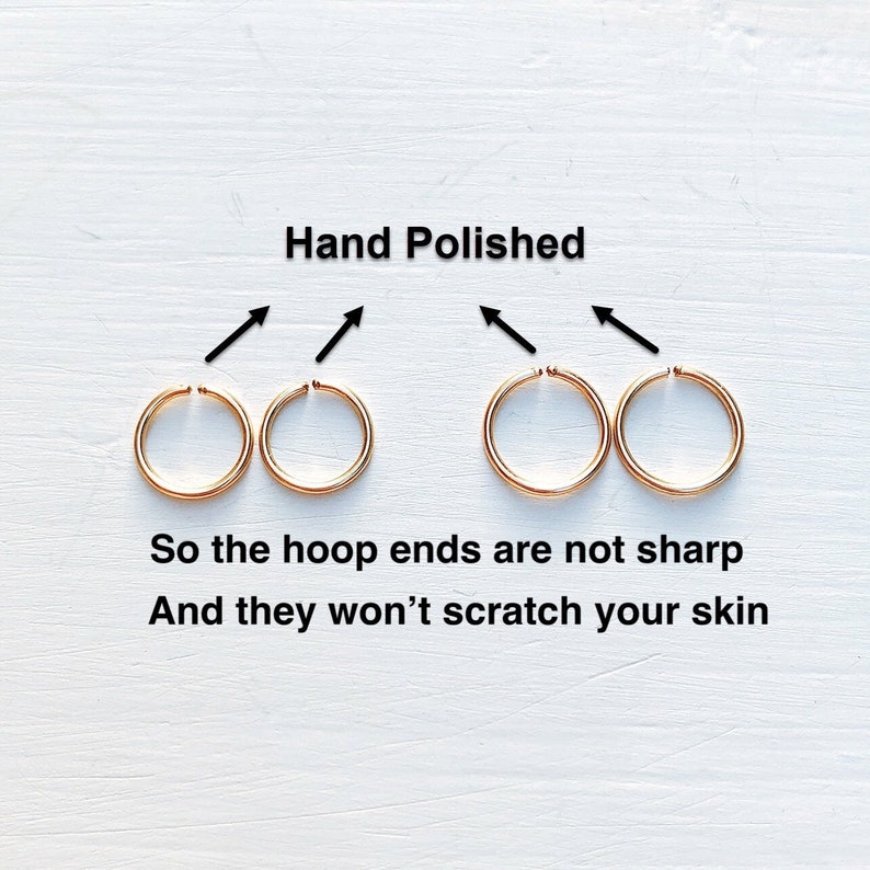 May include: Four gold hoop earrings. The image text says "Hand Polished" and "So the hoop ends are not sharp And they won't scratch your skin."