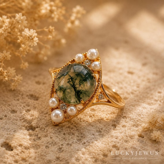 Natural Moss Agate Ring, Pearl Statement Ring, 925 Sterling Silver Gold Ring, Nature Inspired Engagement Ring, Vintage Botanical Jewelry