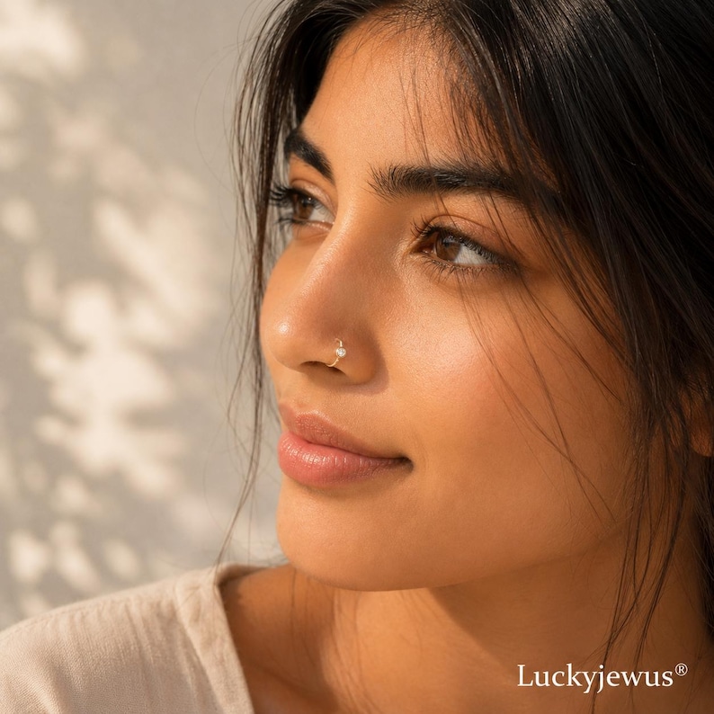 Short Nose Rings Tiny Gold Nose Ring Hoop With CZ Diamond, Dainty Sterling Silver Nose ...