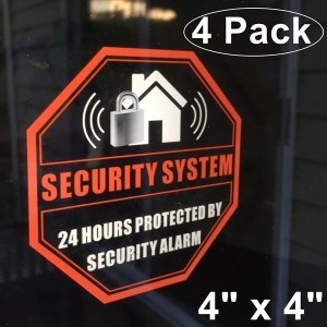 4 Pack Front Self Adhesive Clear Vinyl 4 x 4 Home Business Security Burglar Alarm System Window Door Warning Alert Sticker Decals image 1