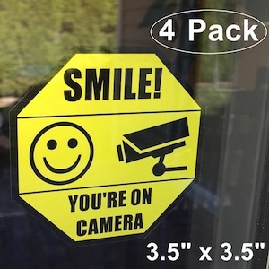 4 Front Kleber oder 6 zurück Klebstoff Vinyl / Home Business Lächeln Sie sind auf Kamera gelb Fenster Tür Warnung Sicherheitswarnung Aufkleber Aufkleber Aufkleber