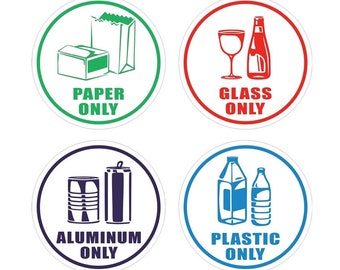 4 Paquete de 4" X 4" - Sólo papel, solo vidrio, solo aluminio, solo plástico - Adhesivo de firma de reciclaje etiqueta de vinilo etiqueta calcomanía pegatina para latas de basura