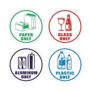 4 Pack of 4" X 4" - Paper Only, Glass Only, Aluminum Only, Plastic Only - Recycle Sign Adhesive Vinyl Label Decal Sticker for Trash cans