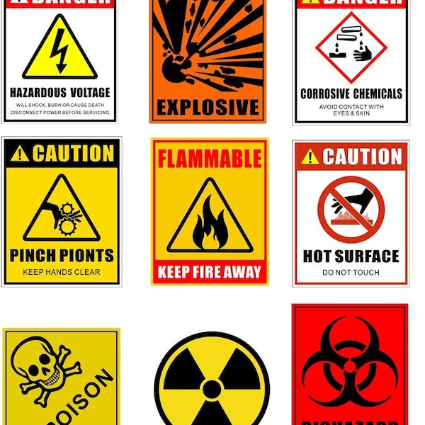 4 Paquet de points inflammables, biorisques, explosifs, rayonnements, poison, haute tension, corrosifs, surface chaude ou points de pincement - Étiquettes d’avertissement de sécurité