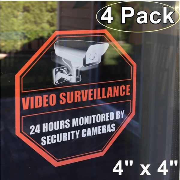 4 Pack Front Self Adhesive Clear Vinyl 4" x 4" Home Business Security DVR Camera Video Surveillance Window Door Warning Sign Sticker Decal