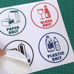4 Pack of 4 X 4 Paper Only, Glass Only, Aluminum Only, Plastic Only Recycle Sign Adhesive Vinyl Label Decal Sticker for Trash cans image 2