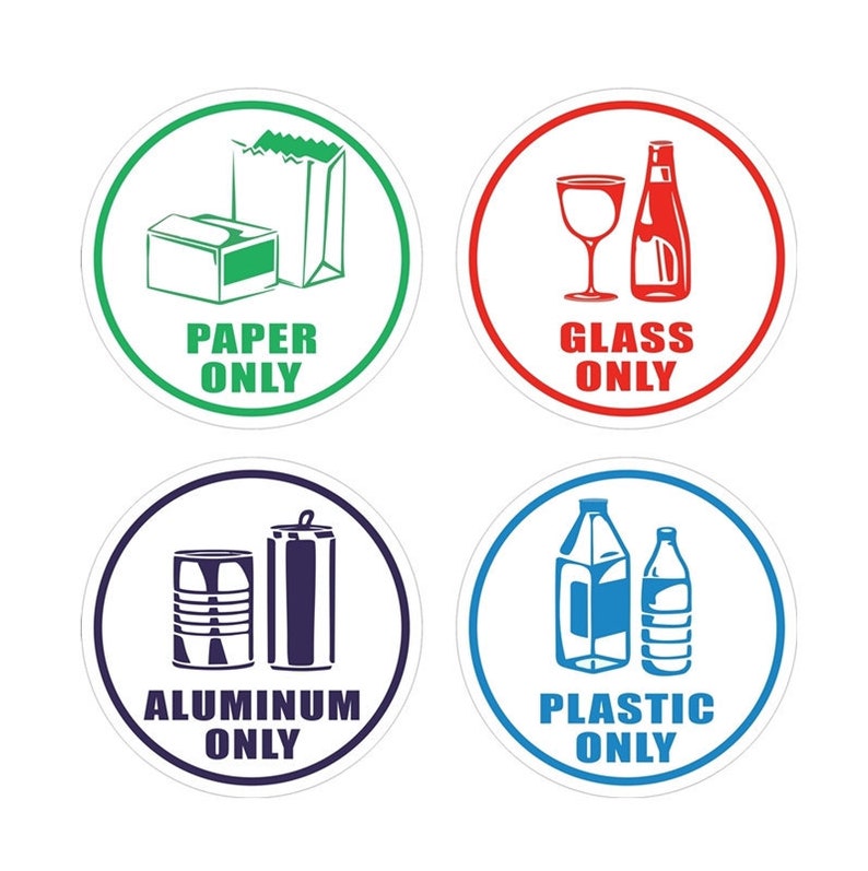 4 Pack of 4 X 4 Paper Only, Glass Only, Aluminum Only, Plastic Only Recycle Sign Adhesive Vinyl Label Decal Sticker for Trash cans image 1