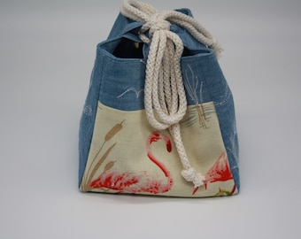 Flamingo & Embroidery Komebukuro Bag, Knitting Project Bag, Crochet Project Bag, Japanese Cute bag, 100% Cotton, BumpyCrafts