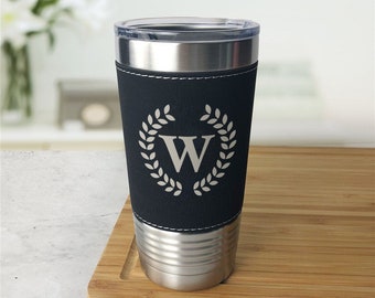 Engraved Stainless Steel Insulated Tumbler with Leather Grip