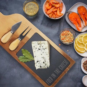 Engraved Acacia Wood and Slate Charcuterie Serving Board