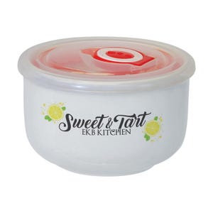 May include: White ceramic bowl with a red lid and a lemon design. The bowl has the text "Sweet & Tart EKB KITCHEN" printed on the side.