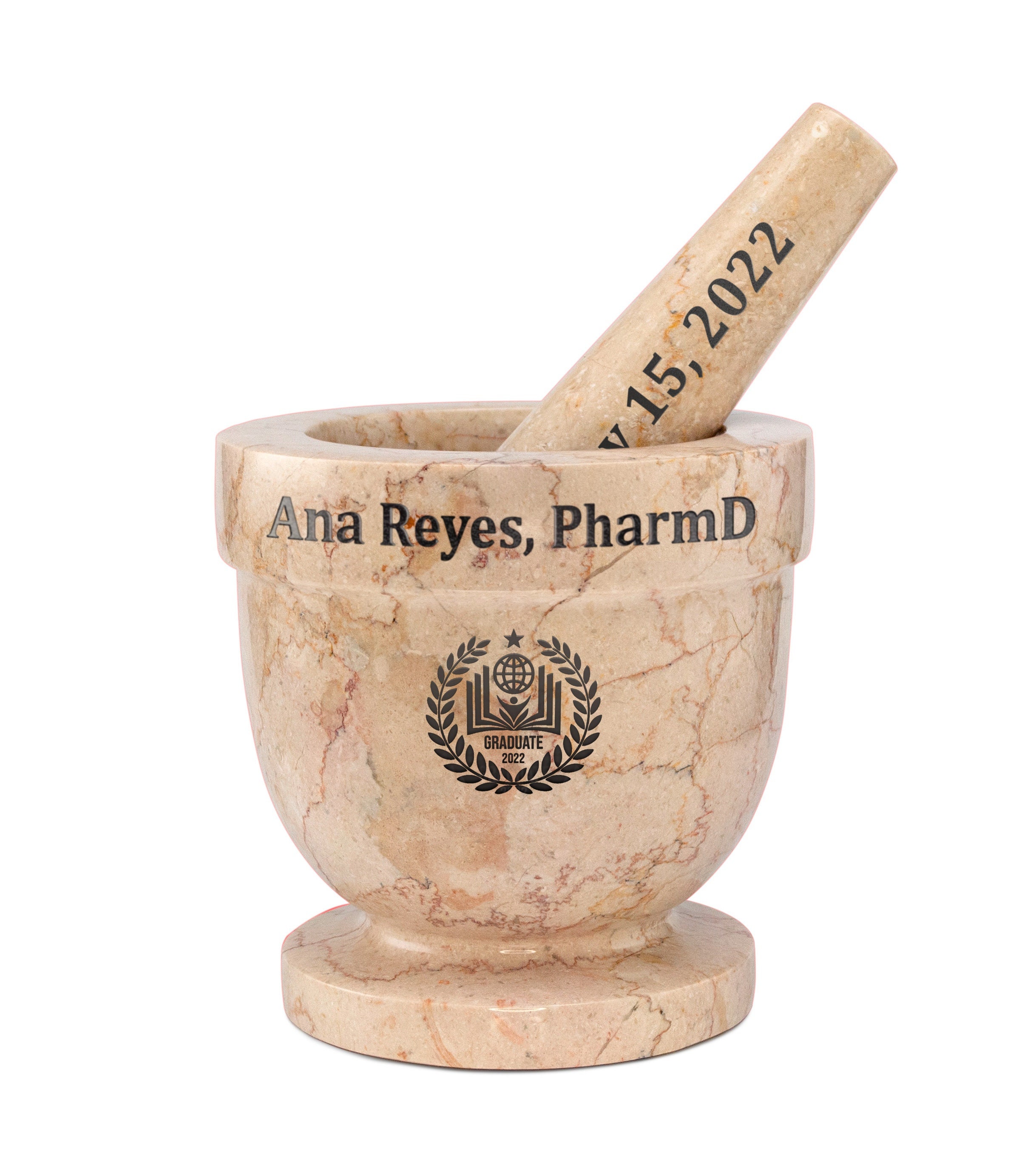 Personalized Botticino Marble Mortar and Pestle - Custom Engraved, Pharmacy Gift, Medicine, Cooking