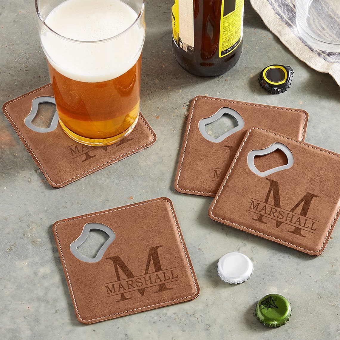 Engraved Square Leather Coaster Bottle Opener Set of 6 Etsy