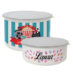 Personalized Snack Bowl with Plastic Lid | Color Printed Enamel Bowl | Housewarming Gift | Tall or Short Gift Bowl