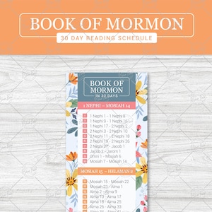 以下が含まれることがあります： モルモン書のための30日間の読書スケジュールを印刷できます。スケジュールは、1ニーファイ - モーサイア14とモーサイア15 - ヘラマン2の2つのセクションに分かれています。各セクションには、毎日読む章がリストされています。
