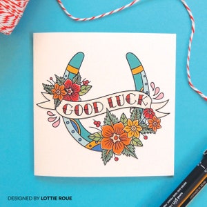 Aanpasbare Good Luck Illustrated-kaart, gelukshoefijzer, tattoo-stijl, eigenzinnig, uniek, gepersonaliseerde optie, examens, nieuwe baan, snelle verzending