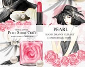 Pearl watercolor clipart fashion girl clip art floral watercolor shell pearl flower perfume red lipstick feather watercolor hat illustration