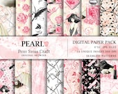 Pearl watercolor seamless paper pack fashion girl illustration floral shell pearl flower perfume red lipstick feather hat digital paper deco