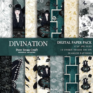 Puede incluir: Un paquete de papel digital con 14 patrones únicos sin costuras. Los diseños presentan a una mujer de cabello oscuro con un sombrero y un vestido negros, rosas, mariposas y patrones geométricos en tonos de negro, blanco, dorado y azul verdoso. El texto "DIVINATION" y "PETIT STORE Craft" está incluido en la imagen.