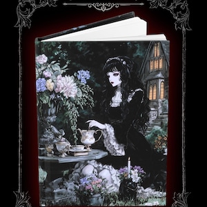 May include: Hardcover journal with a gothic illustration. The cover features a woman in a black dress at a tea party, surrounded by flowers and a house in the background. The text "Elegant Noir" and "Hardcover Journal" are displayed.