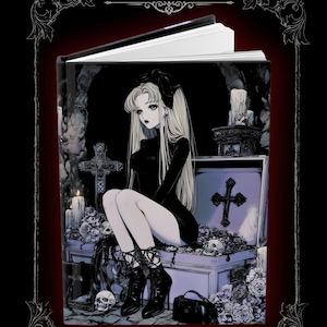 Peut inclure: Journal à couverture rigide avec une illustration gothique. La couverture présente un dessin en noir et blanc d'une femme aux longs cheveux blonds, assise sur un cercueil dans un cimetière. Le texte "Elegant Noir" et "Hardcover Journal" sont affichés.