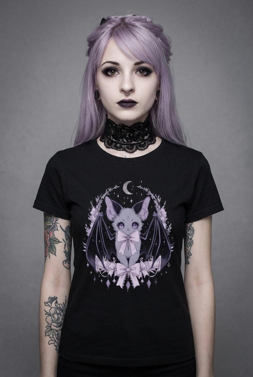 Pastel Goth Bat T-Shirt, Spooky Cute Bat Tee, Dark Coquette Top Kawaii Goth Bat Tee Soft Goth Indie Punk Alt Fashion Clothing