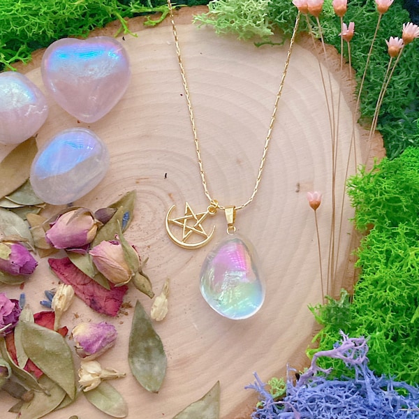 Angel Aura Crystal Necklace with Protection Pentagram Charm / Angel Aura Clear Quartz / Magical Fairy Angel Crystal Aura Necklace