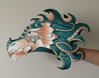 Dragon Hand Puppet - Handmade Paper Fantasy Creature Toy - Dragon Party Favor - Halloween Prop - Ready To Ship
