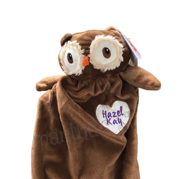 Personalized Owl Blanket, Owl lovie, Custom Embroidered Owl gift, Custom Owl blankey, Keepsake Owl blankey, Owl Baby Shower gift Forest Gift