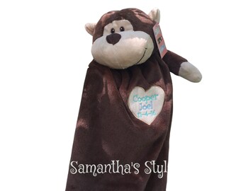 Personalisierte Affendecke, Monkey Lovie, Bestickter Affe Blankey Geschenk, Andenken Affe Blankey, Zoo Thema Baby Shower Geschenk