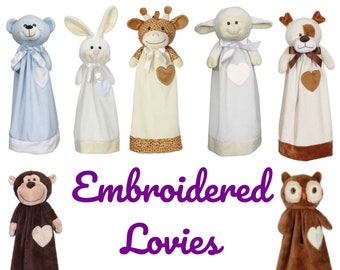 Personalized embroidered animal Lovie, Custom Baby animal blanket, Embroidered New baby gift