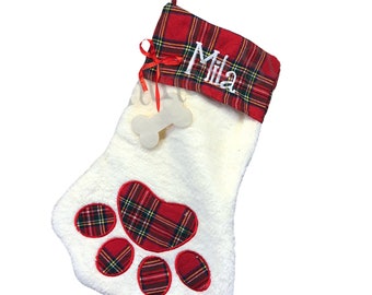 Personalized Embroidered Red Dog Christmas Stocking, Custom Embroidered Paw print Christmas stocking,