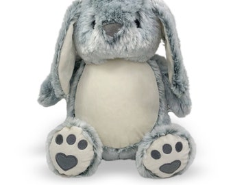 Custom Embroidered Gray Bunny Plush, Personalized Bunny Stuffed Animal Gift