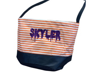 Custom Orange striped Trick or treat bag for kids, Personalized embroidered Halloween treat bag