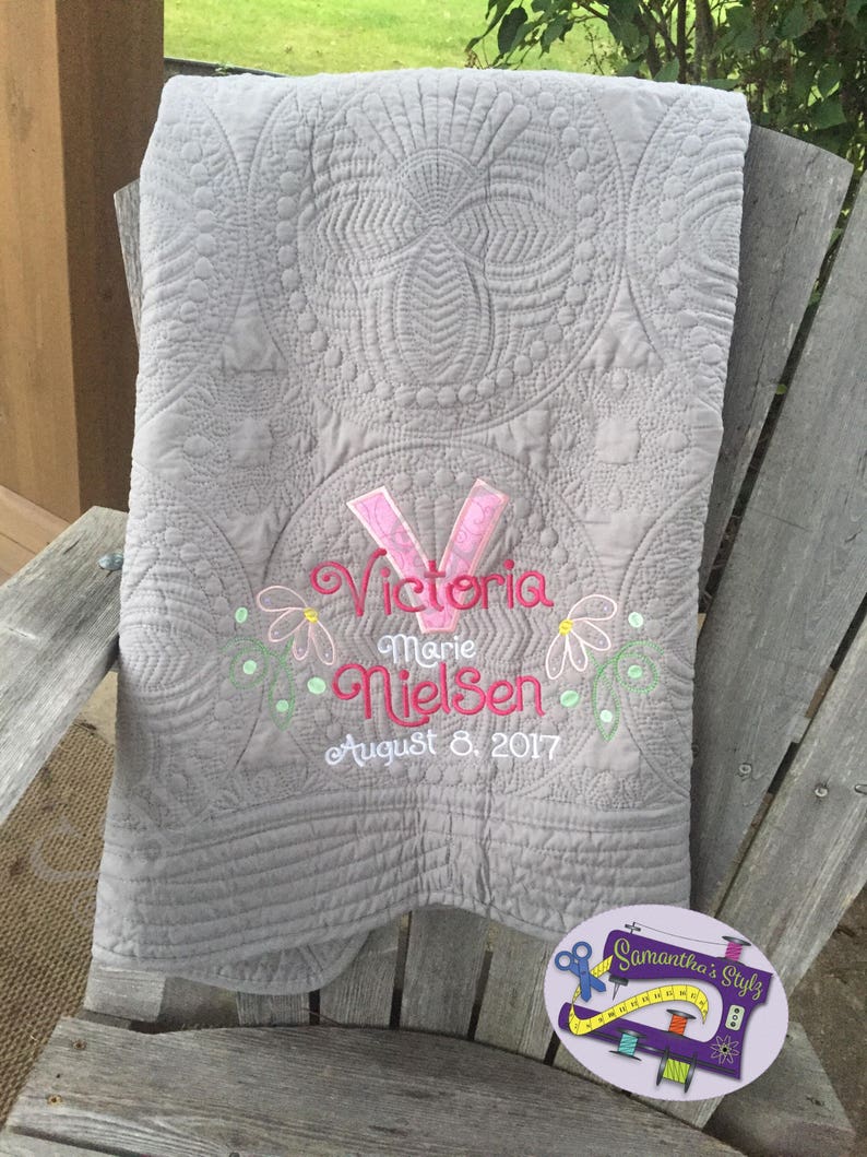Monogrammed Gray Baby Quilt Birth Announcement Embroidered Etsy