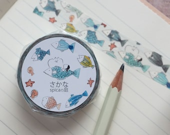 Muu-chan Fish Washi Masking Tape by Spica of Japan, 15mm x 10m Original Artist Fish Washi from Japan, Watercolour Fish Washi Tape