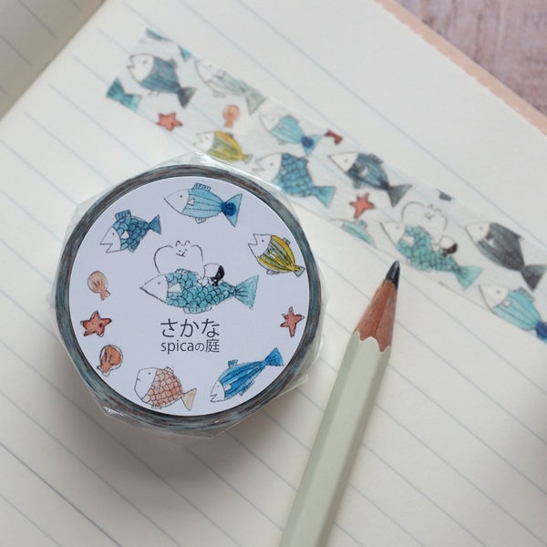 Muu-chan Fish Washi Masking Tape by Spica of Japan, 15mm x 10m Original Artist Fish Washi from Japan, Watercolour Fish Washi Tape