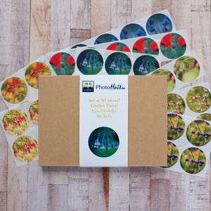 Conjunto de adesivos florais para jardim em caixa, conjunto de adesivos ecológicos, veganos e biodegradáveis com flores de jardim e cartão postal de identificação de plantas
