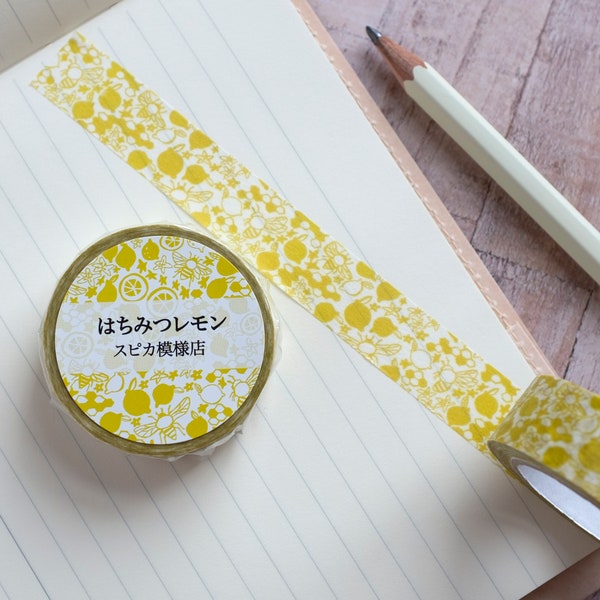 Honey Lemon Washi Masking Tape by Spica of Japan, 15mm x 10m Original Artist Washi from Kyoto Designer Japan, Lemon Colour Washi with Bee