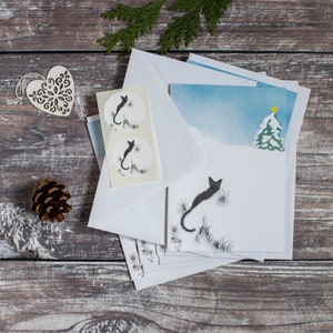 Lot de 6 cartes de Noël chat haïku avec enveloppes et autocollants vierges à l'intérieur, poème haïku au dos, cartes de vœux chat noir