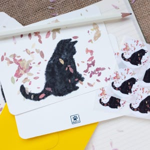 Autumn Kitten Note Card Set with Matching Stickers, Original Artwork